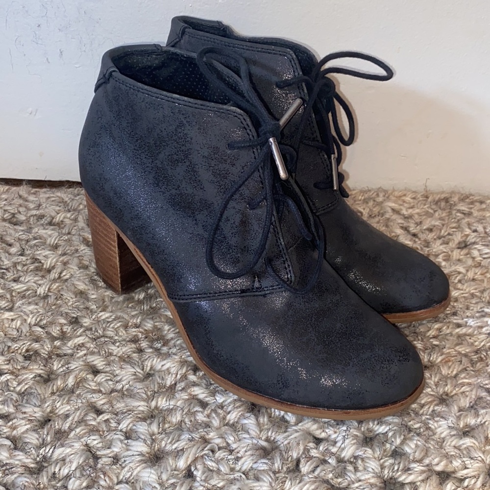 Toms Lunata Lace Heeled Boots in brushed black metallic booties